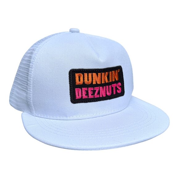 Dunkin Deez Nuts White Mesh Trucker Hat Snapback Adjustable Baseball Cap Unisex - Picture 1 of 8